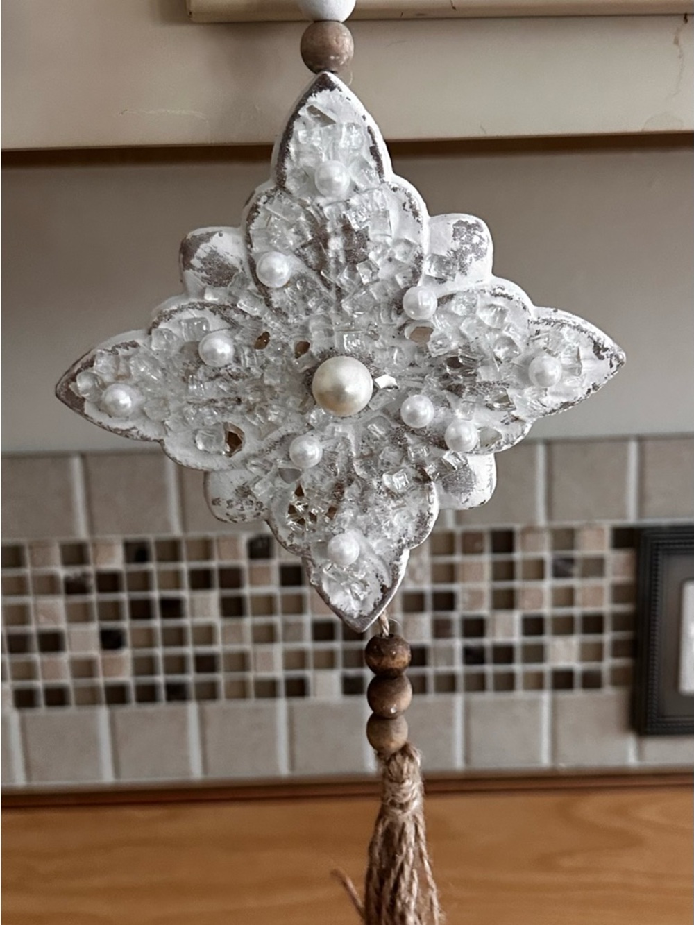 Hand crafted Beaded White Floral hanging Ornament with Tassel - Picture 3 of 11